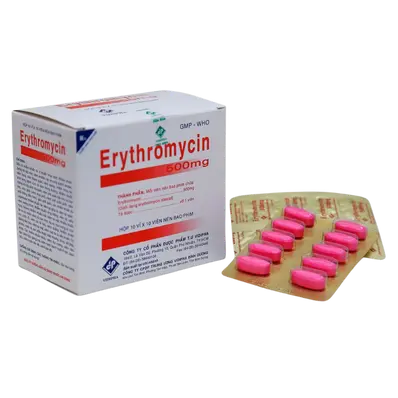 Erythromycin 500mg hộp 10 vỉ x 10 viên nén Vidipha