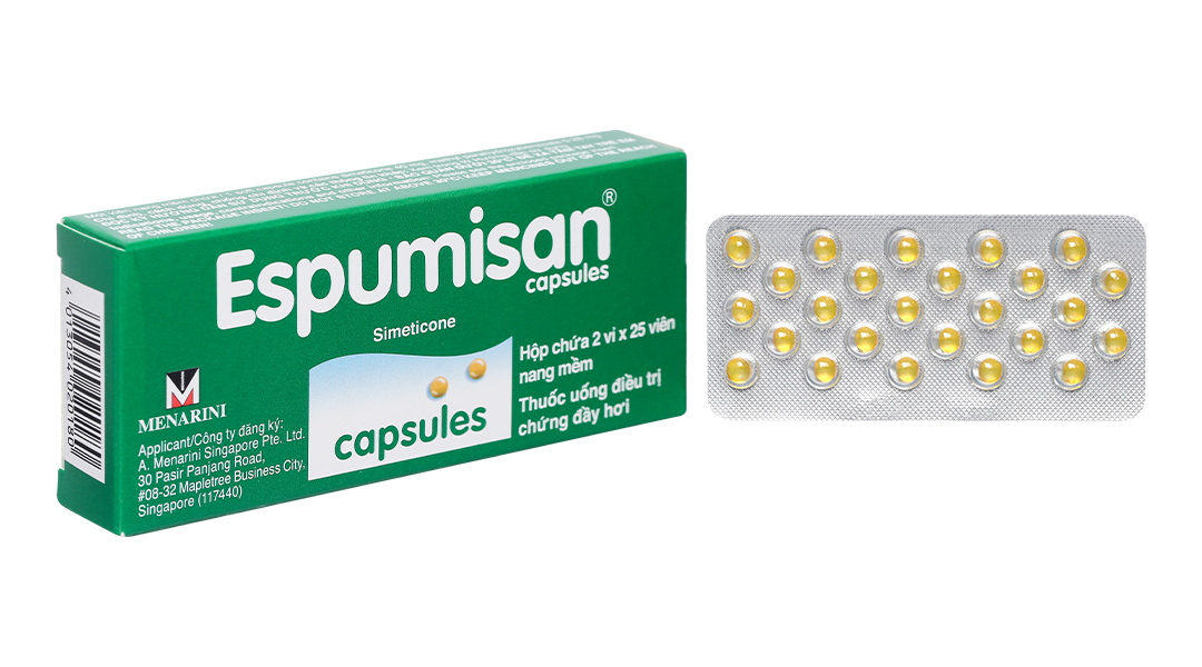 Espumisan Simeticone 40mg hộp 2 vỉ x 25 viên nang Menarini