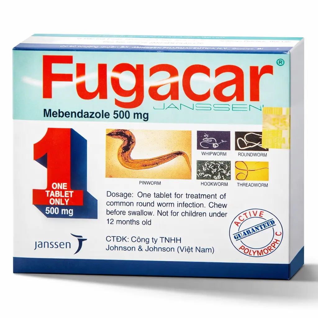Fugacar Mebendazol 500mg Original hộp 1 viên Thái Lan