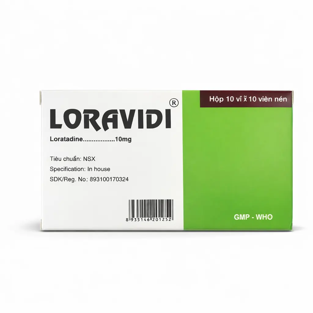 Loravidi Loratadin 10mg hộp 10 vỉ x 10 viên nén Vidipha