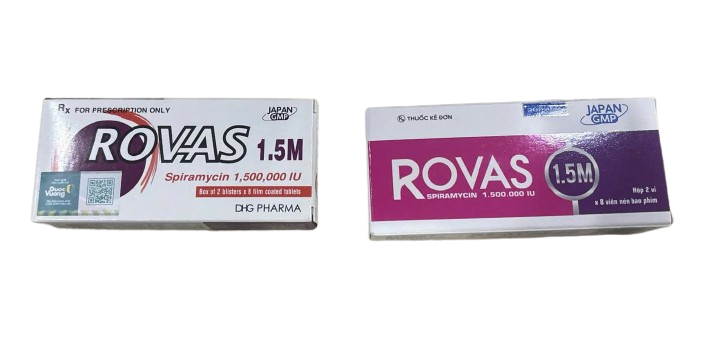 Rovas Spiramycin 1.5MIU hộp 2 vỉ x 8 viên DHG Hậu Giang
