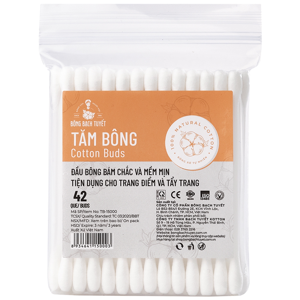 Tăm bông người lớn bịch x 10 gói x 42 que Bông Bạch Tuyết