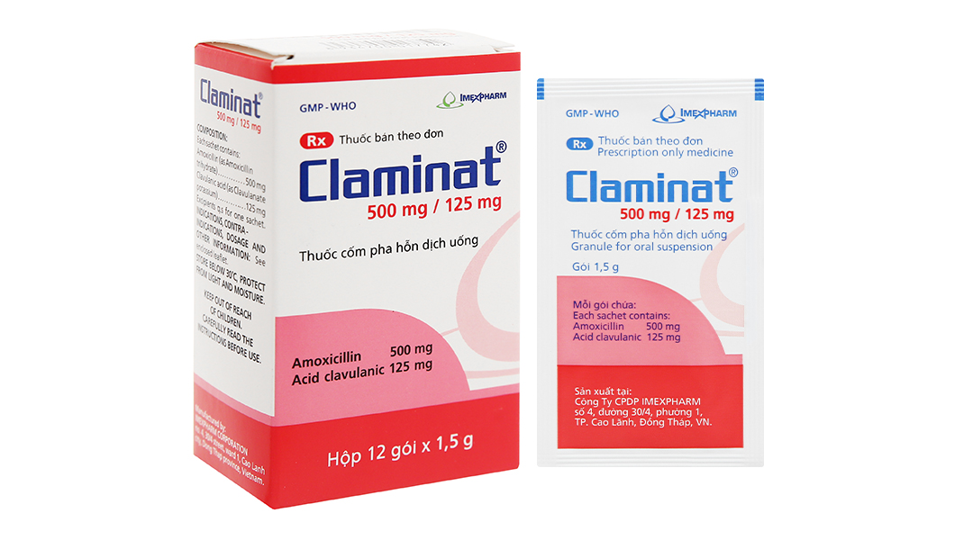 Claminat 500mg/ 125mg hộp 12 gói x 1.5g Imexpharm