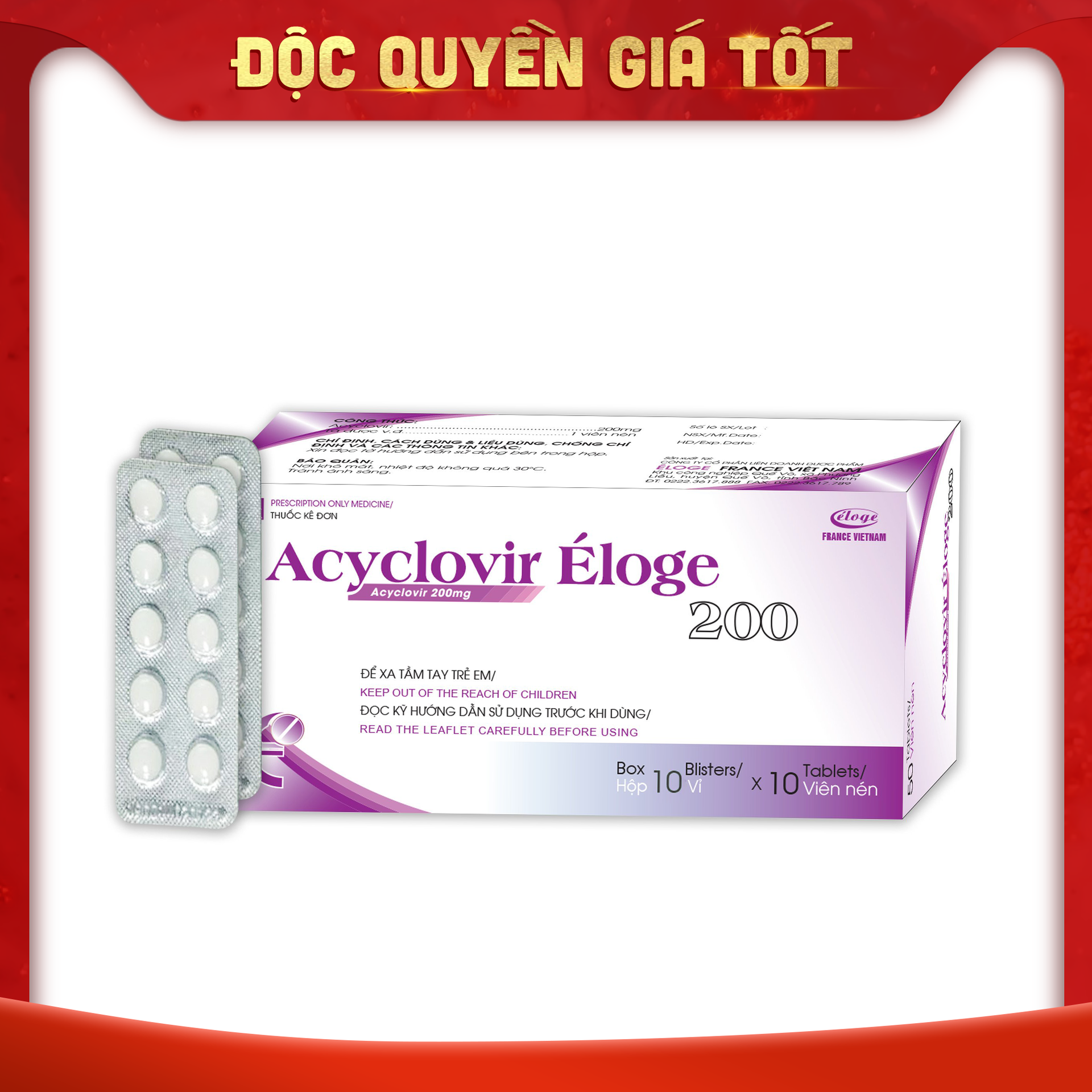 Acyclovir Éloge 200mg hộp 10 vỉ x 10 viên nén Eloge
