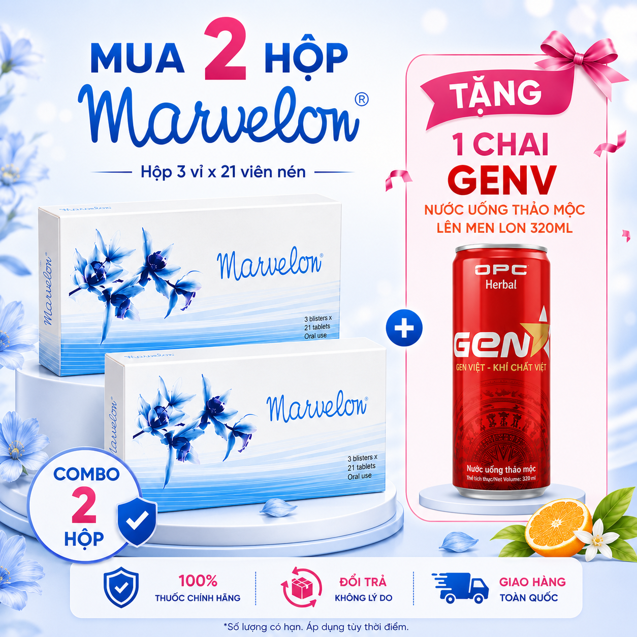 Combo 2 hộp Marvelon hộp 3 vỉ x 21 viên nén Organon tặng 1 chai GenV nước uống thảo mộc lên men lon 320ml OPC Herbal