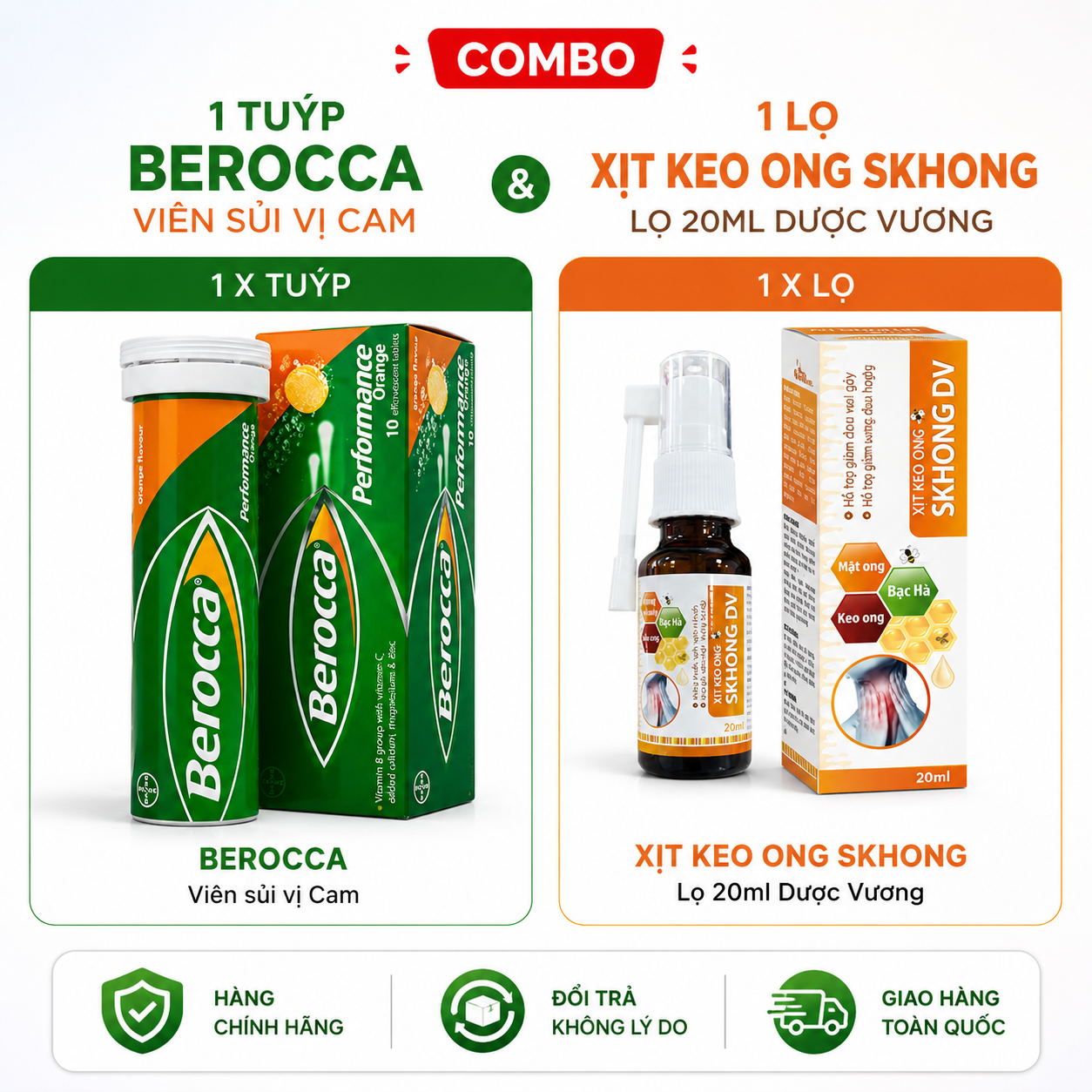 Combo 1 tuýp Berocca viên sủi vị Cam  Bayer và 1 lọ Xịt keo ong SKHONG lọ 20ml Dược Vương